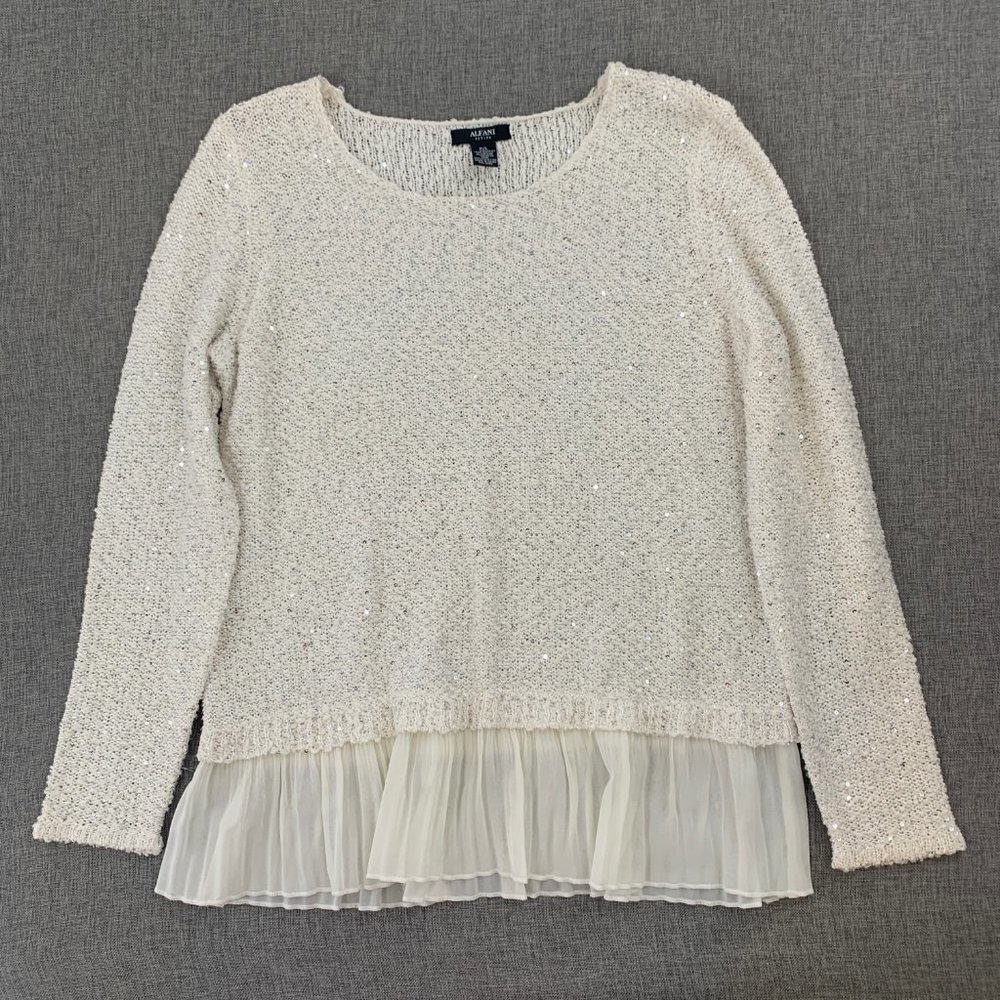 Alfani Sequin Embellished  Blouse Sweater Delicate Elegant Top Petite Large Crea